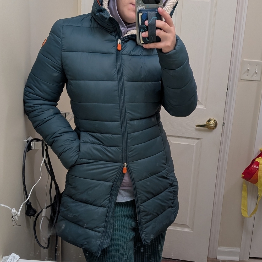 Save The Duck Puffer Long Jacket, Teal Blue Green Women's Winter Coat - Picture 4 of 16